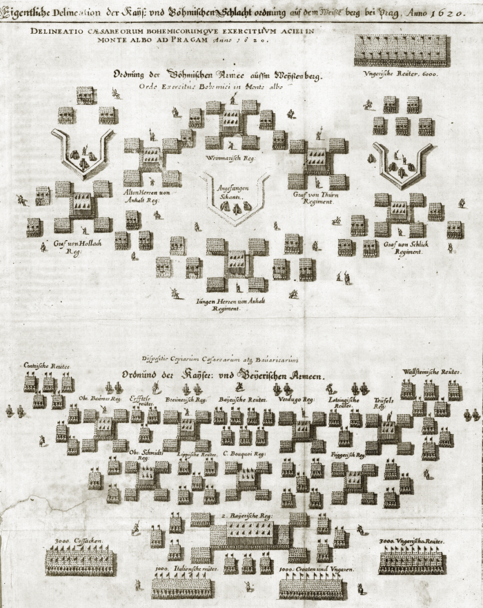 Merian, Matthaeus d. .(?): Aufstellung der Truppen am weien Berg bei Prag am 7. November 1620 aus: Theatrum Europaeum, Band I, 3. Aufl., Frankfurt am Main: M. Merian, 1662. - Exemplar der Universittsbibliothek Augsburg, Sign. 02/IV.13.2.26-1